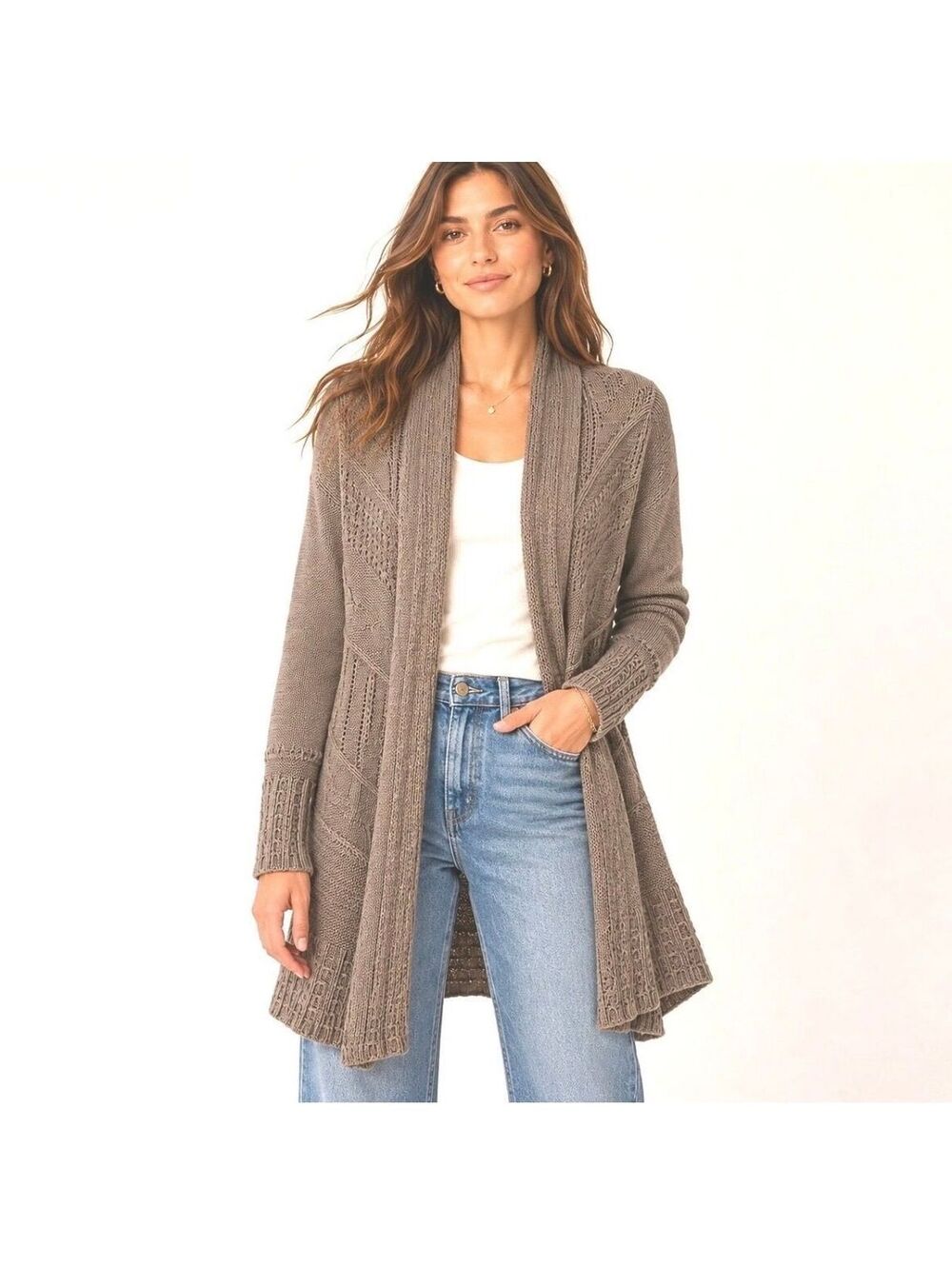 Anthropologie Angel of the North Cardigan Boho Cottagecore Taupe Sweater